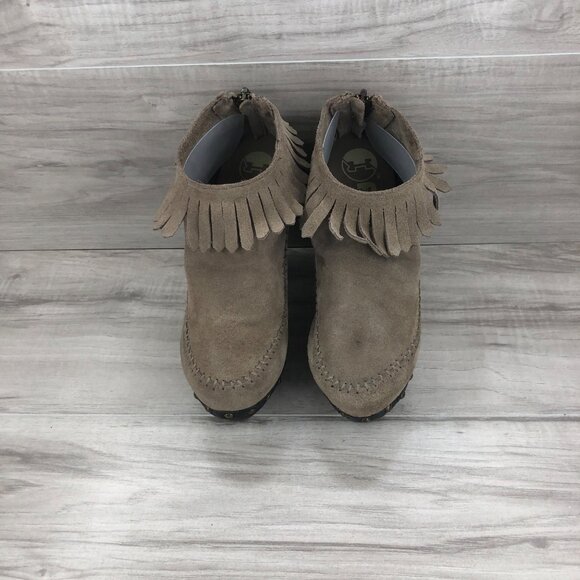 Flogg Ankle Boots Women's 6.5 Davina Taupe Fringe Suede Heel Platform Booties - Picture 6 of 9